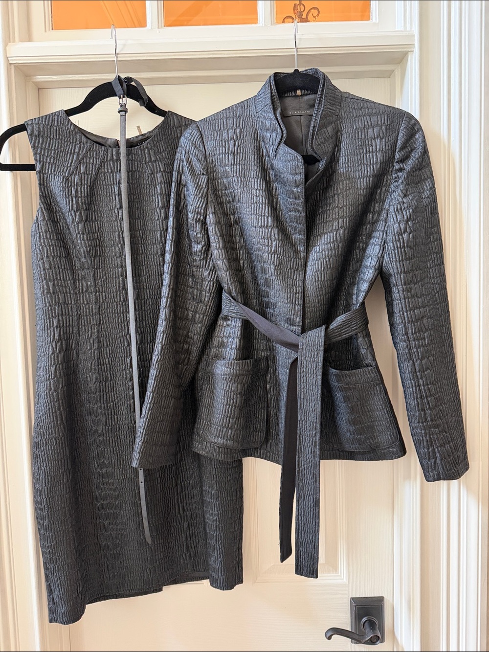 Elie Tahari Black Textured Belted Jacket with Matching Sheath Dress